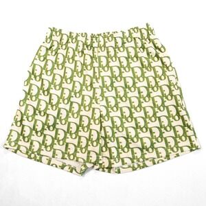 BRAVEST STUDIOS Mens S Green Cream All Over Designer Dior Logo Print Mesh Shorts